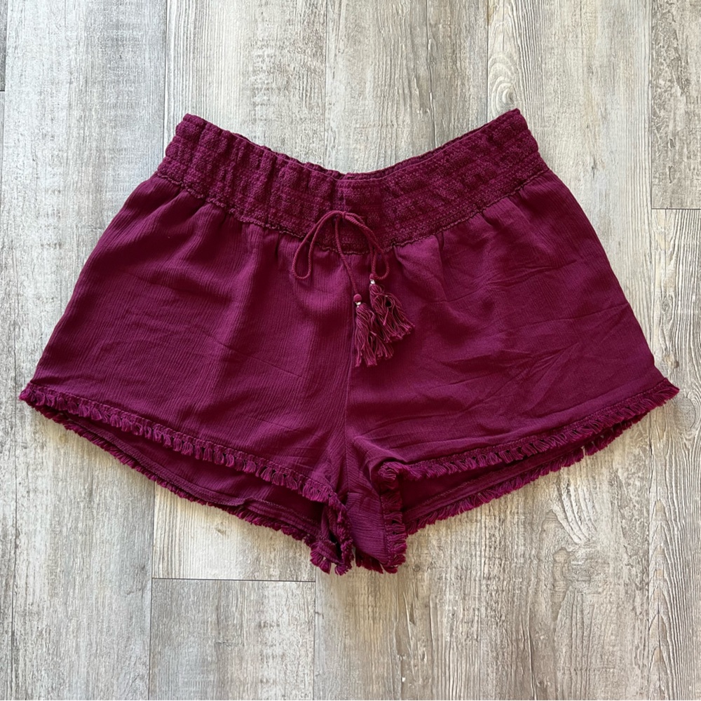 Juniors No Boundaries Pull On Shorts Fringe Hem Tassel Drawstring Maroon Red XL - Picture 2 of 8